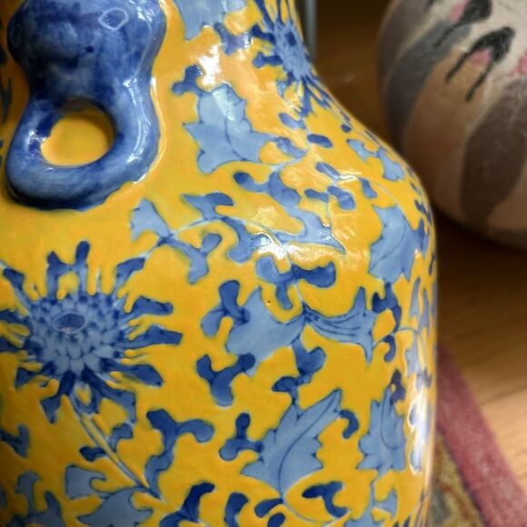 Vintage Artistic Yellow and Blue Asian Floral Vase 19" tall - Picture 7 of 12
